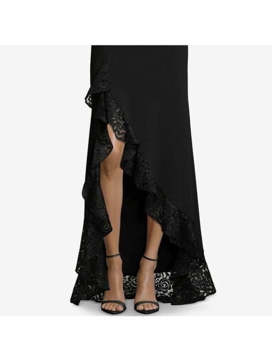Betsy Adam | Black Lace-Trim High-Low Evening Dress